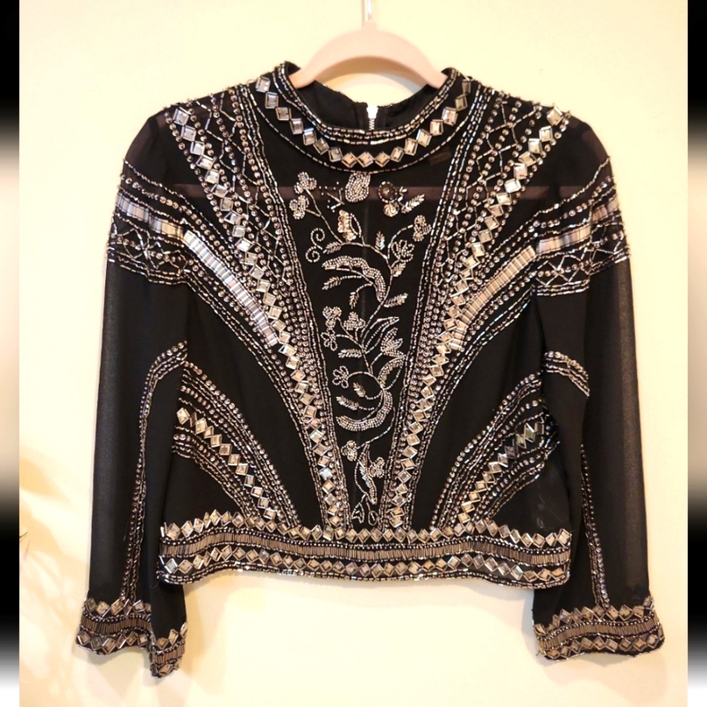 Miss Selfridge Black Beaded Long Sleeve Top Size 6